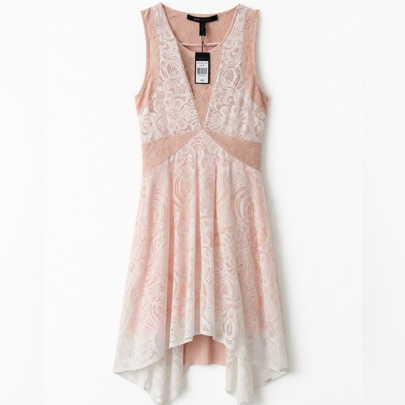 BCBGMaxAzria Dresses & Skirts - BCBGMAXAZRIA “Meilani” Lace Dress XXS NWT Blush Pink/White High-Low